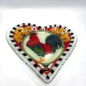 PEGGY KARR Heart‎ Shaped Fused Art Glass ROOSTER DISH  With Checkerboard  10"